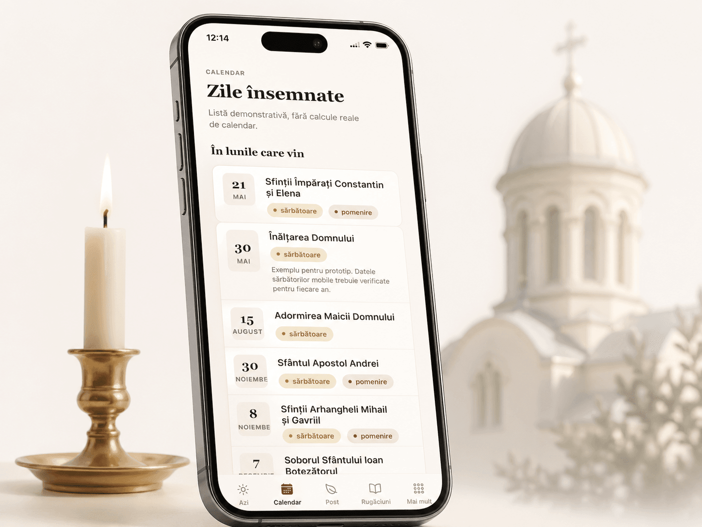 Telefon cu calendarul ortodox „Zile însemnate”, lumânare aprinsă și o biserică în fundal.