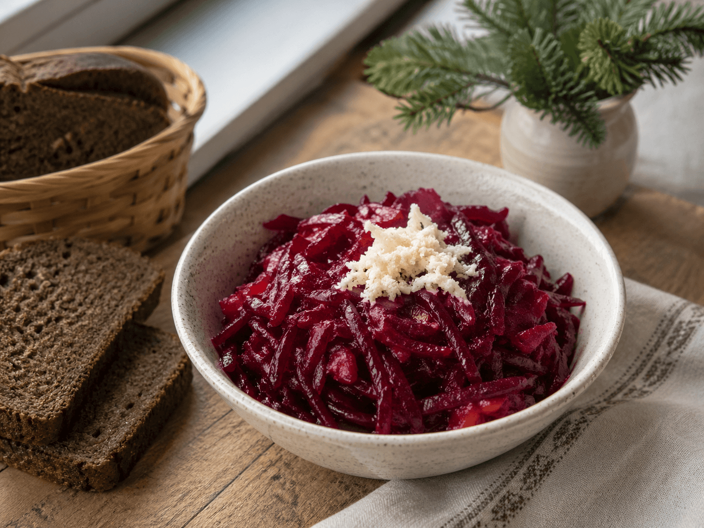 Salată de sfeclă cu hrean pregătită ca rețetă de post.