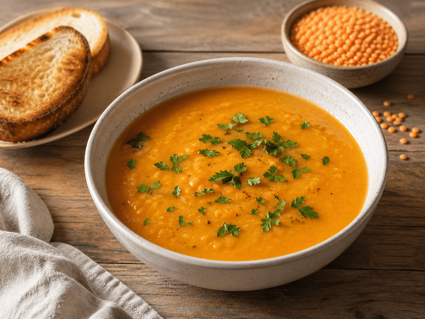 Supă cremă de linte pregătită ca rețetă de post.